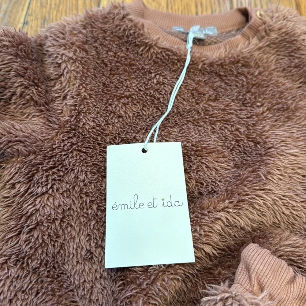 NWT Emile et Ida Auburn brown bear fuzzy 2 piece sweatshirt jogger set 6m 12m